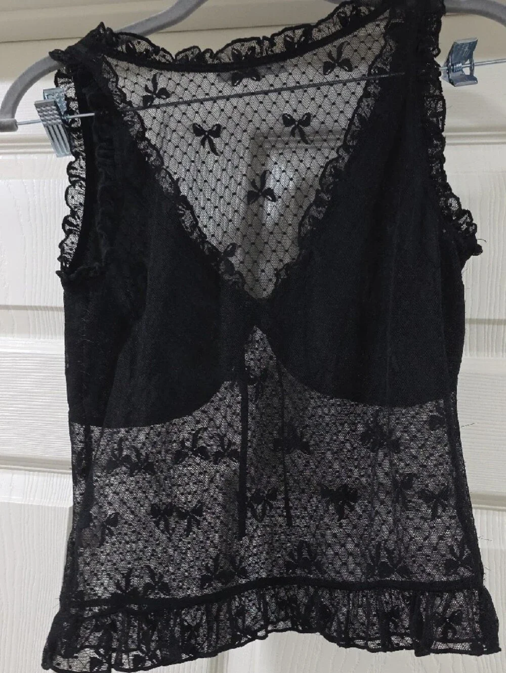 Sheer Black Lace Mesh Chemise Top with Bow Tie